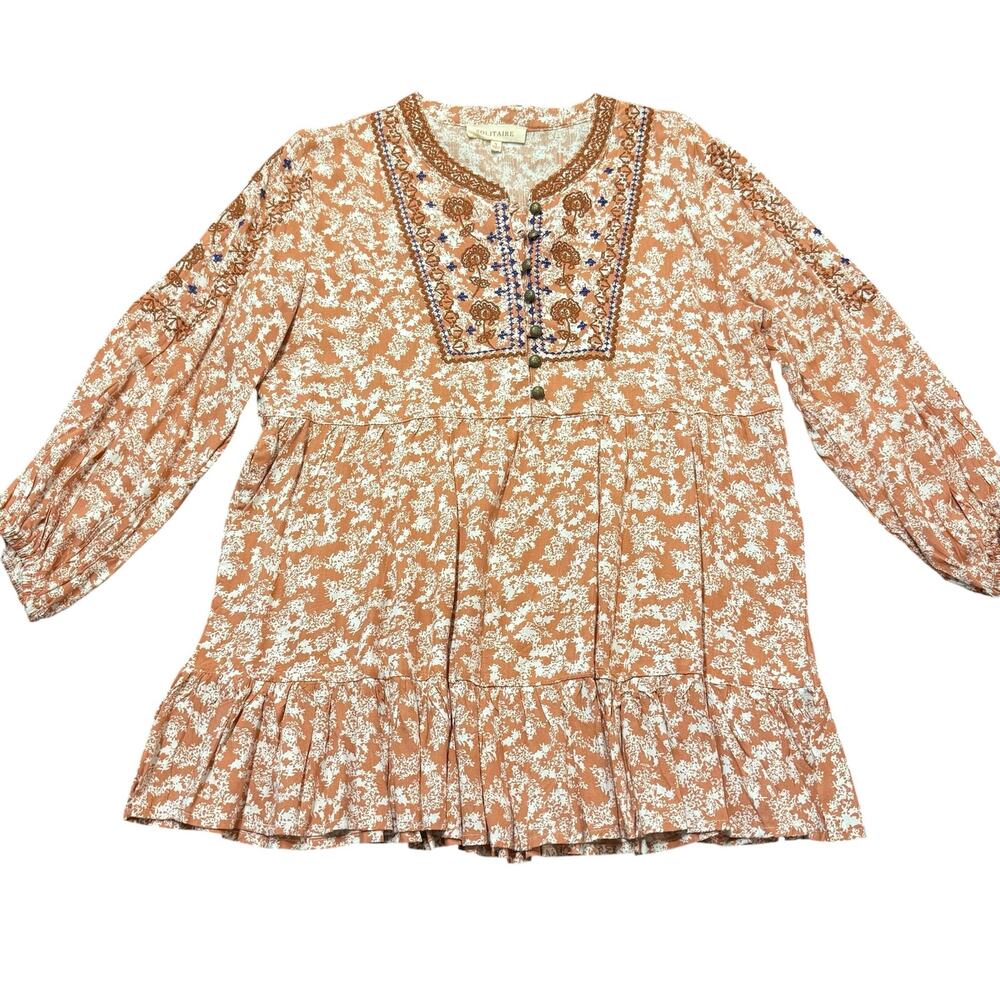 Solitaire Blush blouse top with embroidered bib and brass buttons, Size S